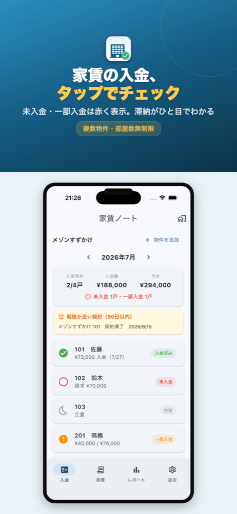 家賃ノート 入金チェック画面