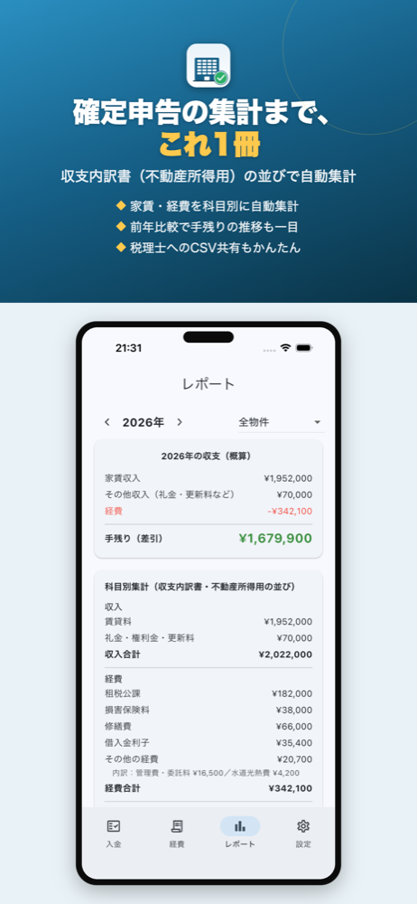 家賃ノート 確定申告モードの科目別集計画面