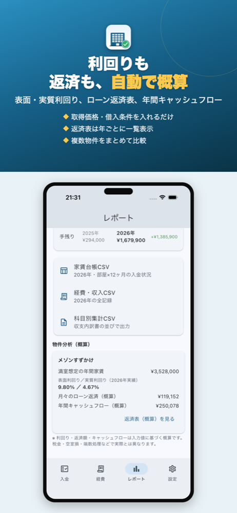 家賃ノート 年間収支レポート画面
