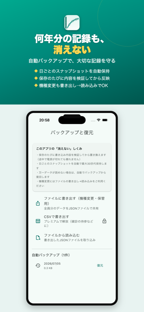 成長曲線ノート バックアップ画面